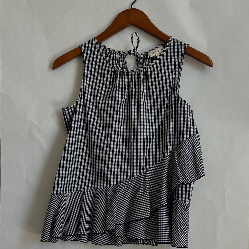 Maison Jules Navy and White Gingham Ruffle Blouse